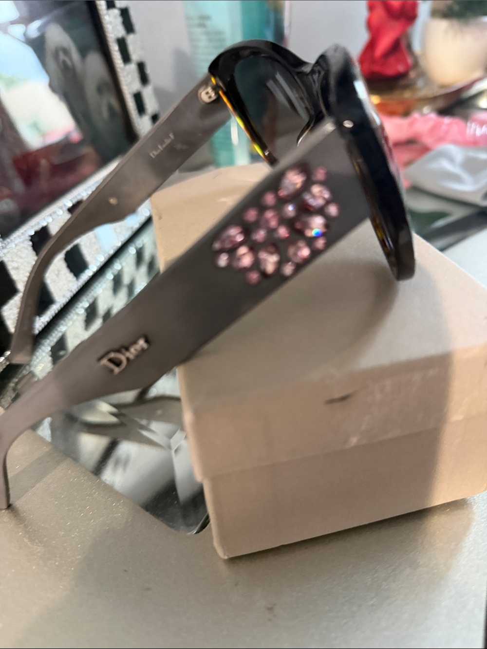 Dior Black Tortoiseshell Sunglasses with Pink Crystal Temples - Picture 3 of 7